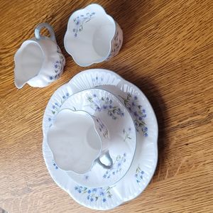 SHELLEY ENGLAND FINE BONE CHINA BLUE ROCK CUP SAUCER PLATE CREAMER SUGAR SET